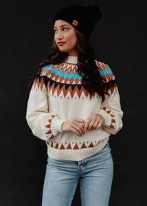 Cream w/ Brown & Blue Print Sweater