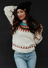 Load image into Gallery viewer, Cream w/ Brown &amp; Blue Print Sweater
