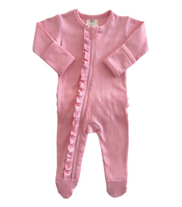 Pink / Organic Ribbed Frill Zip Footie (Baby - Kids)
