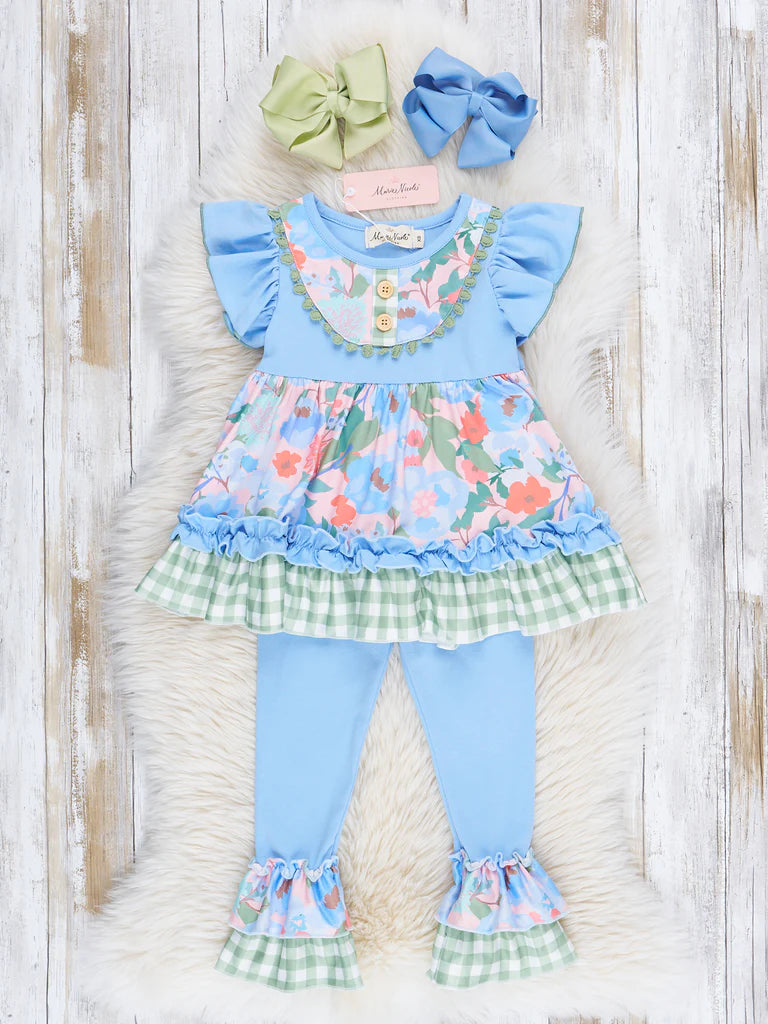 Olive & Blue Watercolor Florals Ruffle Outfit