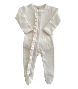 Ivory / Organic Ribbed Frill Zip Footie (Baby - Kids)