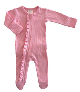 Pink / Organic Ribbed Frill Zip Footie (Baby - Kids)