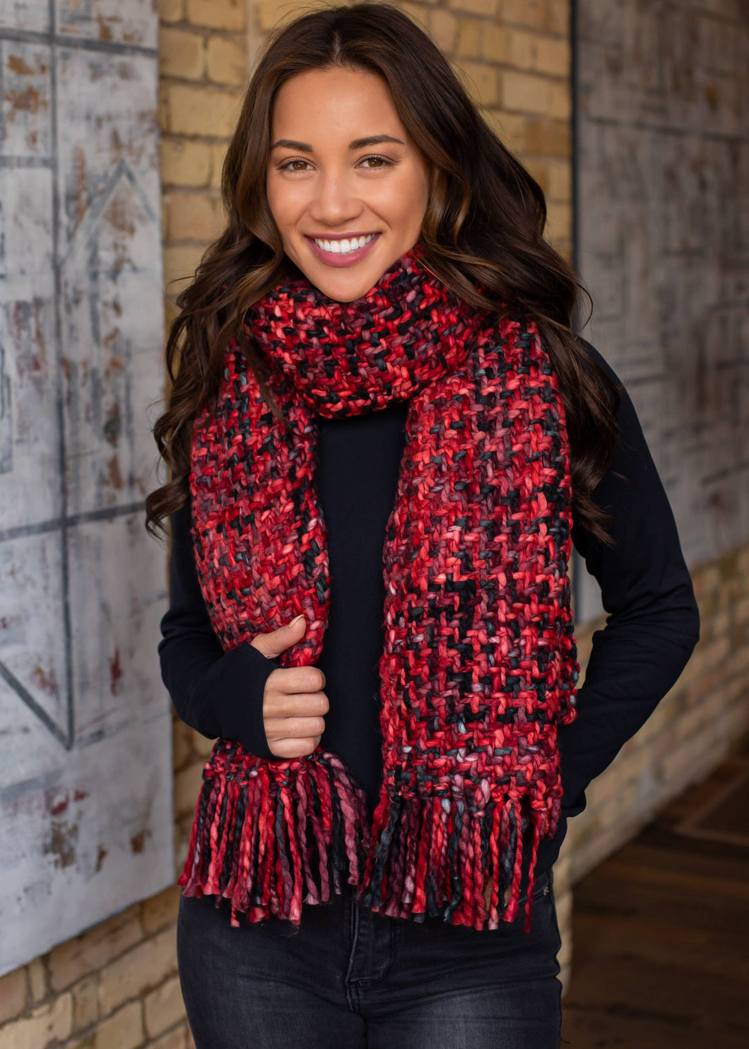 Red/Grey/Black Loom Woven Long Scarf