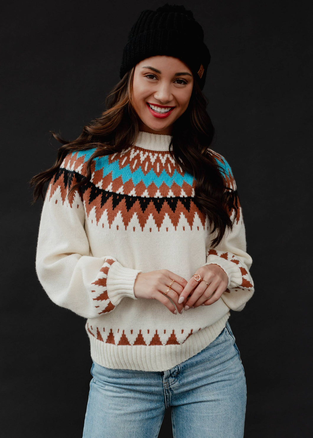 Cream w/ Brown & Blue Print Sweater
