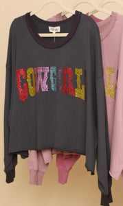 COWGIRLS Sparkle Washed Charcoal Cropped LS Tee